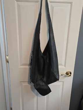 Henry Beguelin Black And Gray Textured Woven Leather Sling Shoulder Bag